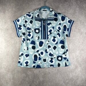 Sage Vell Top Womens Medium Blue White Animal‎ Print 1/4 Zip Short Sleeves Artsy